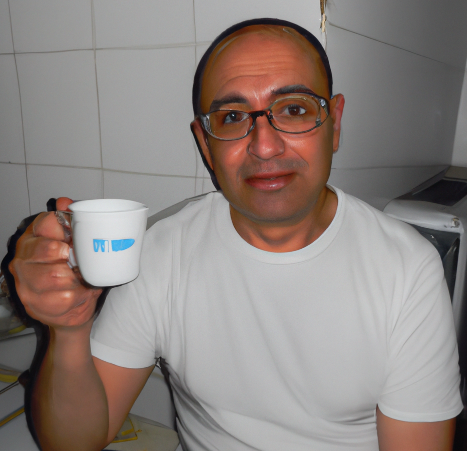 Foto real y cotidiana de Carlos, un hombre de mediana edad que bebe té
